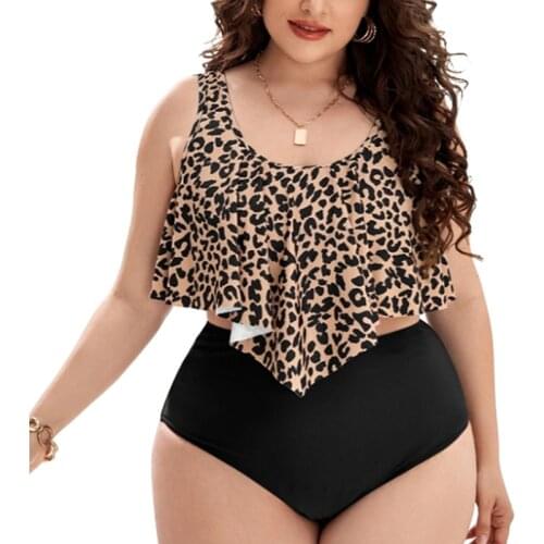 Leopard Ruffle Plus Size Womens Bikini Swimsuit Two Piece Push Up Padded Swimming Suit Large Size High Waist Swimwear XL-4XL