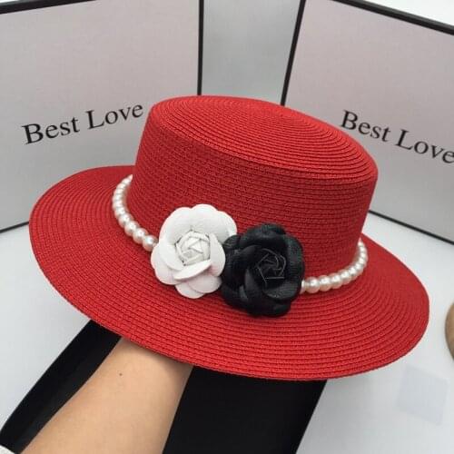 Spring and summer new red straw hat for women little gift sunhats sunscreen pearl flower