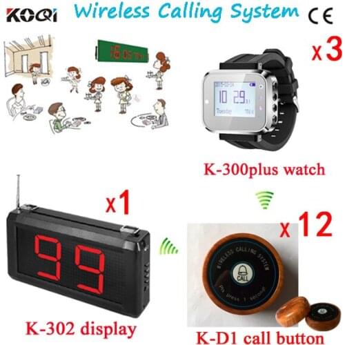 Wireless Restaurant Calling System 3pcs of Waiter Wrist Watch Pager And 1pc Panel Receiver W 12pcs of Table Buzzer For Service