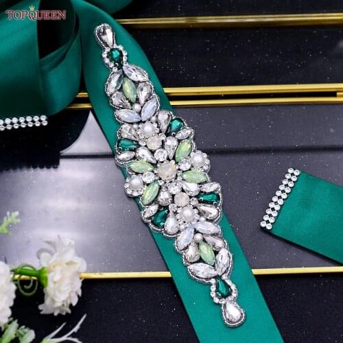 TOPQUEEN S443-2 Decorative Rhinestone Bridal Belt Beaded Applique Designs Bridal Belt Green Rhinestones Bridal Belt Emerald Belt