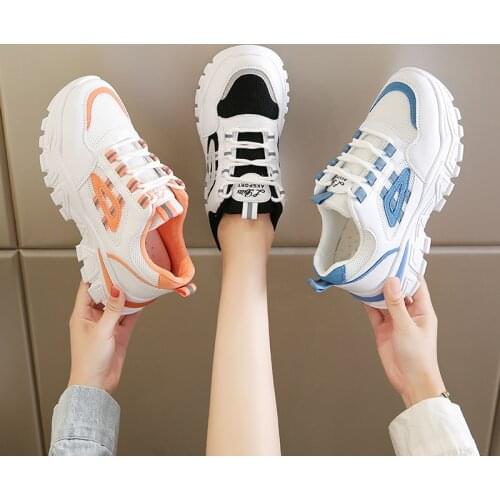 Womens Sports Shoes Korean Style Fashion Color Matching Round Toe Mesh Platform Lace-up Sneakers