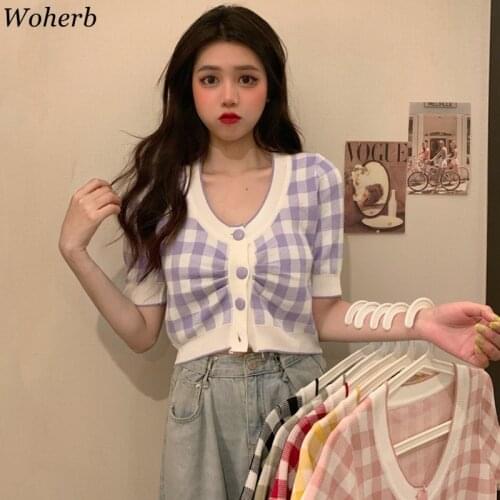 Woherb Korean Vintage Knitwear T-shirt Women Short Sleeve Plaid V-neck Crop Top Single Breasted Tops Elegant Fashion Ladies Tee