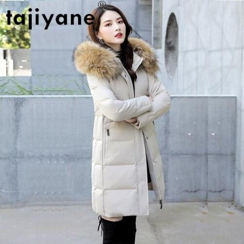 Winter Jacket Women White Duck Down Coat Female Hooded Raccoon Fur Collar Long Coats Warm Womens Clothes Veste Femme WPY4076