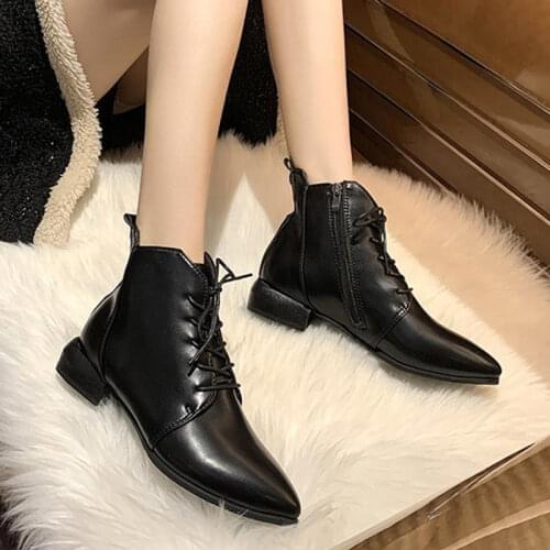 Vintage Pointed Toe Square Heel Ankle Boots for Women High Quality Pu Leather Lace Up Booties Woman Autumn Winter Boots