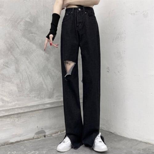 JMPRS Black Hole Women Jeans High Waist Korean Split Fork Loose Straight Denim Pants Streetwear Y2K Ripped Baggy Jean Autumn