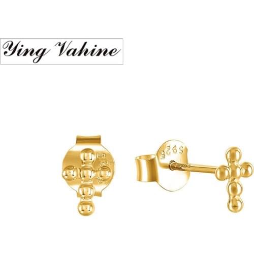 Ying Vahine 100% 925 Sterling Silver Small Round Beads Cross Stud Earrings for Women