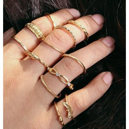 12Pcs/Set Vintage Star Crystal Finger Ring Set Bohemian Gold Moon Crown Knuckle Midi Rings Women Jewelry Accessories
