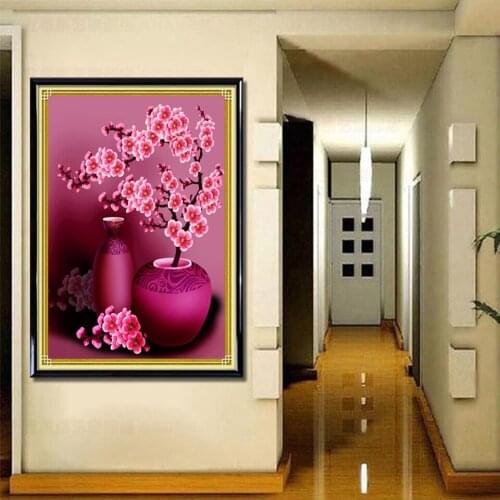 5D Diy Diamond Painting Pink Plum And Classical Vase Diamond Mosaic Flowers Diamond Embroidery Pattern Full Square Rhinestone