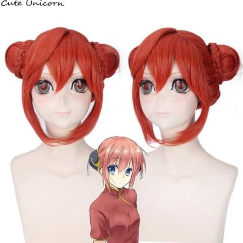 Anime Gintama Kagura Cosplay Wig With Chignon Silver Soul Short Orange Red Wigs Heat Resistant fiber Synthetic fake hair