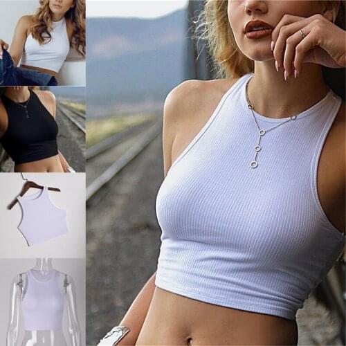 White Knitted Round Neck Women T-Shirt Sexy Sleeveless Camisole Crop Top Woman Tight Stretch Tank Top Ladies Tee Top Streetwear