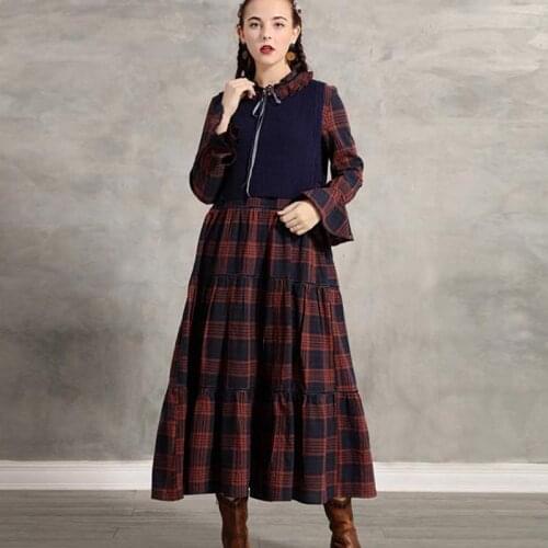 Free Shipping 2020 New Fashion Vintage Women Long Mid-calf Long Sleeve Plaid Knitting M-L Dresses Two-piece Set Dress Autumn