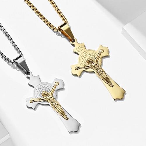 European American Style Nazarenus Rex Iudaeorum Cross Male Chain Neck Pendant Necklaces Stainless Steel Men Boy Talisman Jewelry