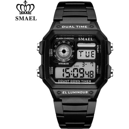 SMAEL Fashion Mens Sports Watch Square LED Digital Watches Male Stainless Steel Waterproof Wristwatches Clock Relogio Masculino