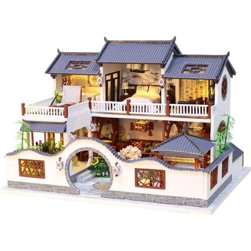 DIY Chinese Style Large Villa Wooden Dollhouse Miniature With Furniture Doll Houses Assemble Toys Children Christmas Gift Casa