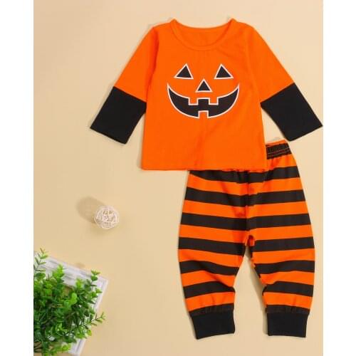 1-5T Toddler Baby Orange 2-Piece Halloween Casual Costume Smiling Pumpkin Printed Long Sleeve Top + Striped Pants Set