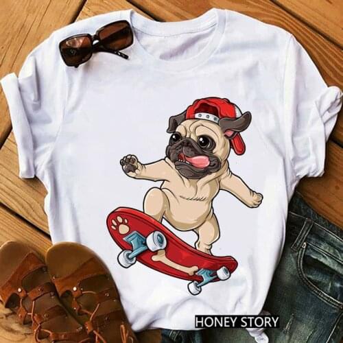 Cool French Bulldog Skateboard Dog Lovers Tshirt Pug Dog Animal Print Women Short Sleeve Tshirt Femme Funny Vogue Female T-shirt