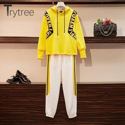 Trytree 2020 AW Casual Women Two piece set Loose Fashion Letters Hooded Top + Pants Elastic Waist Pockets Sportswear 2 Piece Set