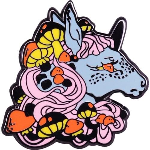 Colorful horse badge mushroom forest nature art jewelry
