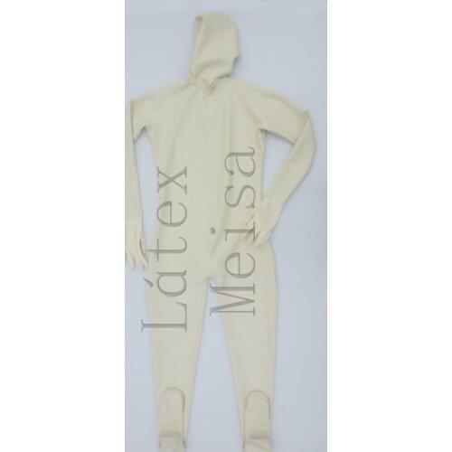 Full cover latex Zentai made of 0.6mm thickness heavy natural latex materials and with back zip in milk white color for men