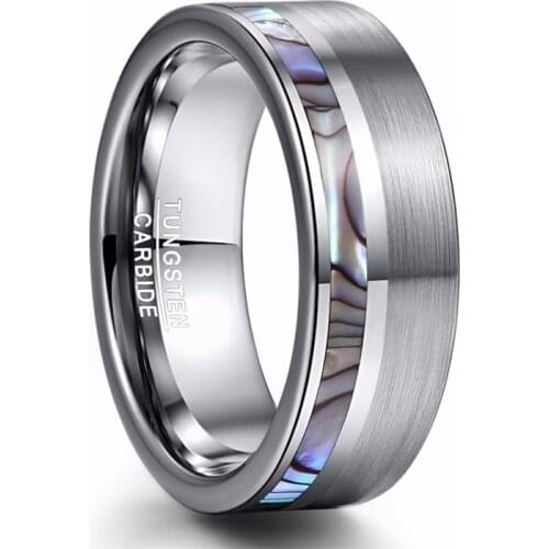 8mm Silver Color Brushed Tungsten Carbide Ring Off Center Abalone shell Wedding Band Ring