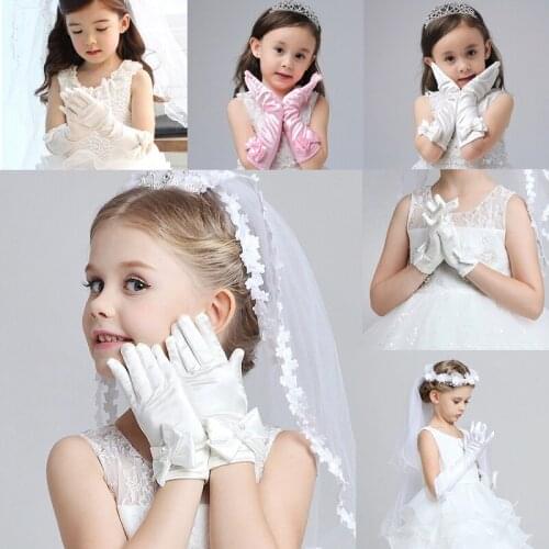 Gloves for Child Girls Long Princess Wedding Dress Bowknot Finger Party Costume Accessories Satin Birthday Gift White Pink