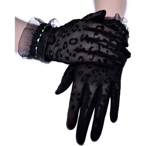 Women Mesh Leopard Short Gloves Shiny Ruffles Trim Wrist Length Sunscreen Mitten X7JB