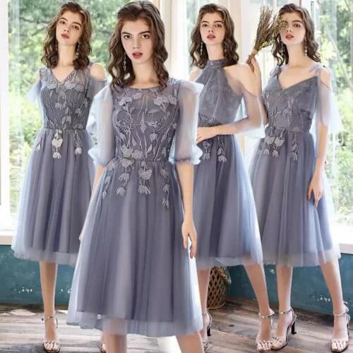 Bridesmaids Dresses Illusion Short Halter Embroidery Lace Tulle Off The Shoulder Knee-Length Gray Women Wedding Party Gown E610