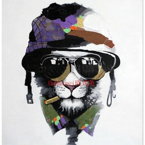 Hand Painted Cartoon Animal Art Painting Modern Hat Pet Dog Smoking with Dark Glasses Dog Abstract Oil Painting Cool Dog Art