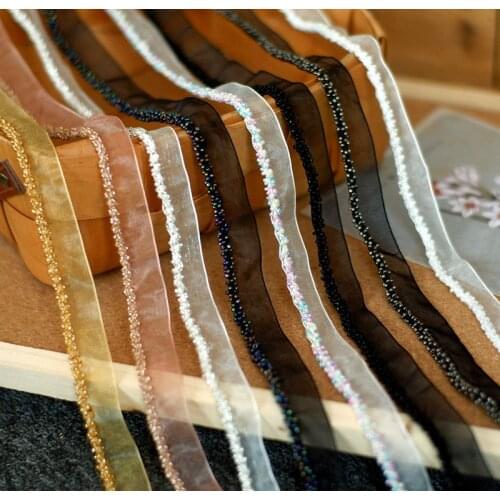 1Meter Hand-stitched Champagne Organza Beaded Lace Fabric Trim Ribbon Wedding Dress Skirts Collar Neckline DIY Sewing Appliques