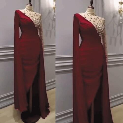 SuperKimJo Burgundy Evening Dresses Long Sleeve Beaded Mermaid Elegant Cheap Evening Gown Short 2020 Vestido De Festa De Curto