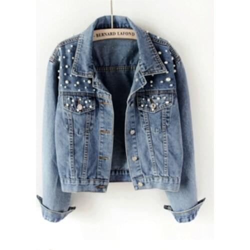 2021 New Autumn Denim Jacket Coat Women Beading Loose Overcoat Jacket Basic Coats Long Sleeve Casual Outerwear