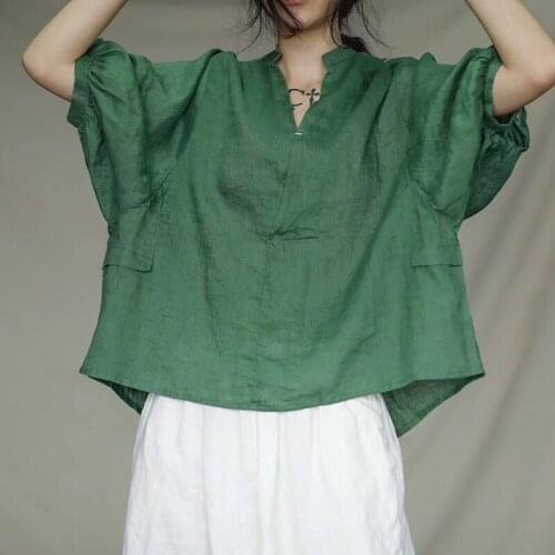 QPFJQD Ladies Solid Color 2021 Summer Autumn V-Neck Lantern Sleeve Tees Loose Soft Female Chinese Style Linen Retro T-Shirts