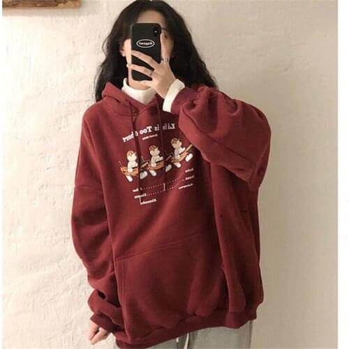 Cartoon Printed Plush Hooded Sweatshirt For Women Autumn / Winter BF Loose Hoodies Fashion Sudadera Mujer Em
