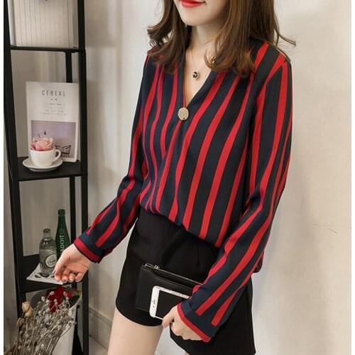 Womens Tops and Blouses Loose Oversized shirt V-neck Striped Long Sleeve Casual Top Blusas