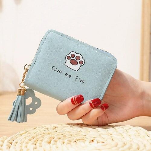Female Card Holder Money Bag Printed Cat Paw Wallet Women Girl Cute Simple Small Short Zipper Wallets Mini PU Leather Coin Purse