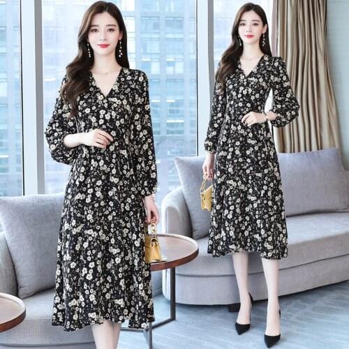 2021 Vintage Casual 3XL Plus Size Long Sleeve Dresses Autumn Female Black Floral Chiffon Midi Dress Elegant Women Party Vestido