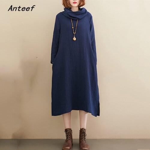 Long sleeve cotton linen vintage dresses for women casual loose woman spring autumn dress elegant clothes 2021