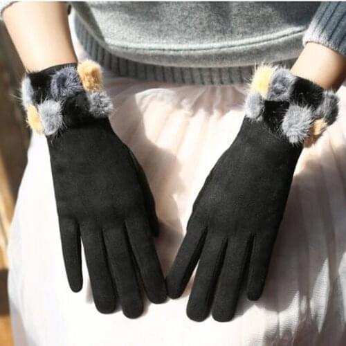 Winter Female Warm Suede Leather Cashmere Touch Screen Glove Cute Women Faux Mink Fur Ball Velvet Full Finger Driving Mitten E29