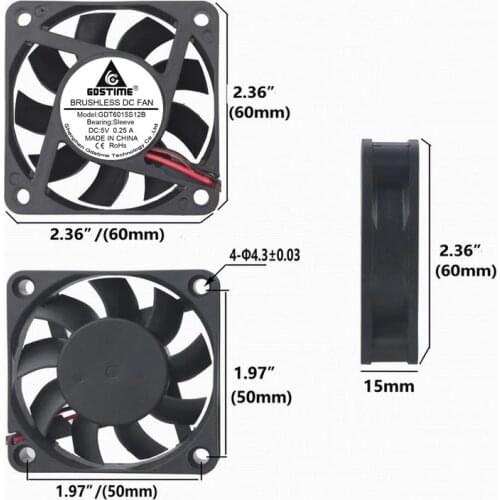 2Pcs Gdstime 2Pin 6015 5V DC Cooling Fan 60mm x 15mm Brushless Cooler 60x60x15mm PC CPU Radiator 6cm Two Wires