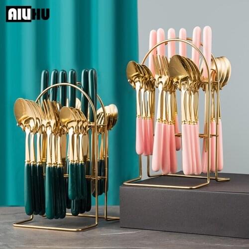 24pcs Ceramic handle Dinnerware Set Stainless Steel Tableware Set Knife Fork Spoon Flatware Set Dishwasher Safe Cutlery Set