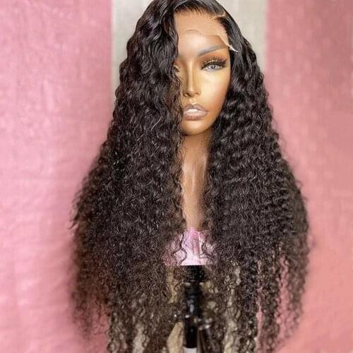26Inch Kinky Curly Middle Ratio Deep Wave Jet Black Glueless 13x3 Lace Front Wigs For Women With Baby Hair Wigs 180% Density