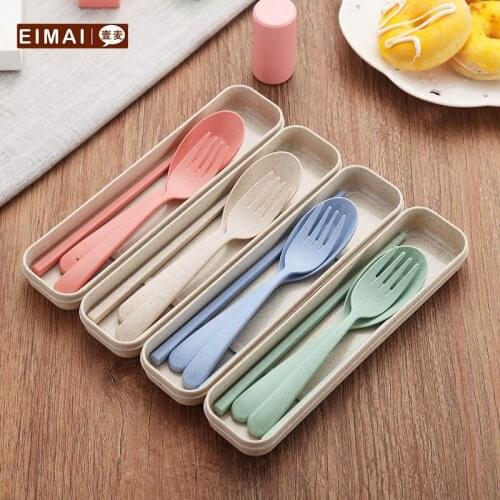 3 In 1 Wheat Straw Environmentally Friendly and Non-toxic Portable Reusable Spoon Fork Chopstick Set with Organizer Box