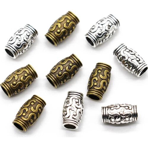 50pcs/lot 11*5mm Antique Bronze Silver Color Spacer Beads Tube Round Metal Big Hole Charm Beads for Bracelet DIY Jewelry Making