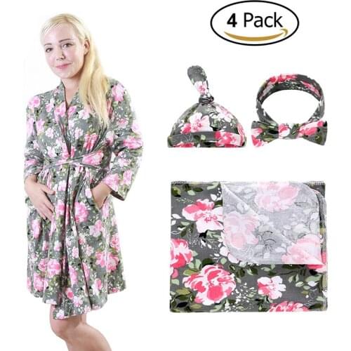 4pcs lot Women Sleepwear+Baby Swaddle Blanket+Hat+Headband Knitted Cotton Floral Pajamas Nightgown Dress Mom Baby Clothes Set