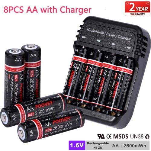 1.6V 2600mWh NiZn AA Rechargeable Battery with Charger for LED Flashlight Toy Remote control