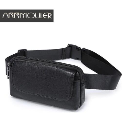 Annmouler Women Waist Bag Black Pu Leather Fanny Pack Double Pocket Waist Pack for Women Small Phone Bag Girls Bag Purse