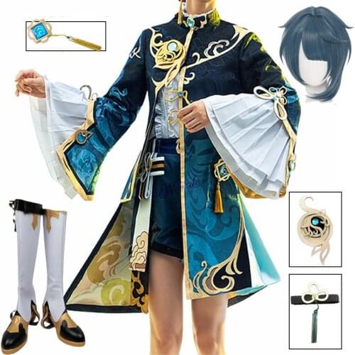 Game Genshin Impact XingQiu Cosplay Xing Qiu Uniform Gorgeous Outfit Halloween Costume Genshin Cosplay Wigs Shoes