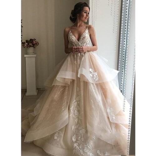 Pretty Champagne Wedding Dresses 2021 Sexy Backless Floral Ruffles Puffy Lace Bridal Gowns Beach Wedding Gowns Vestido De Noiva