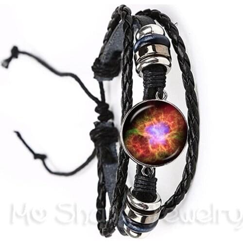 Mendittorosa Natural Nebula Galaxy Space Buddhism Jewelry With Glass Cabochon Black/Brown Leather Bracelet For Women Wedding
