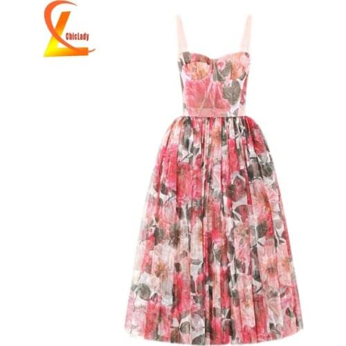 CHICLADY runway designer luxury mesh midi party dress red flower printed spaghetti strap camisole sexy dinner robe de mujer boho